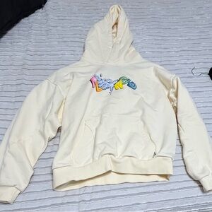 Cream Hoodie with Embossed Text on back and Colorful Paper Planes on front.
